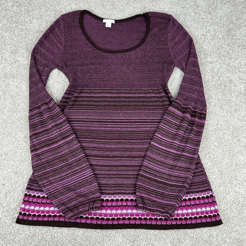 Xhilaration Purple Striped Empire Waist Tunic Bell Sleeve Knit Top L Boho Y2K